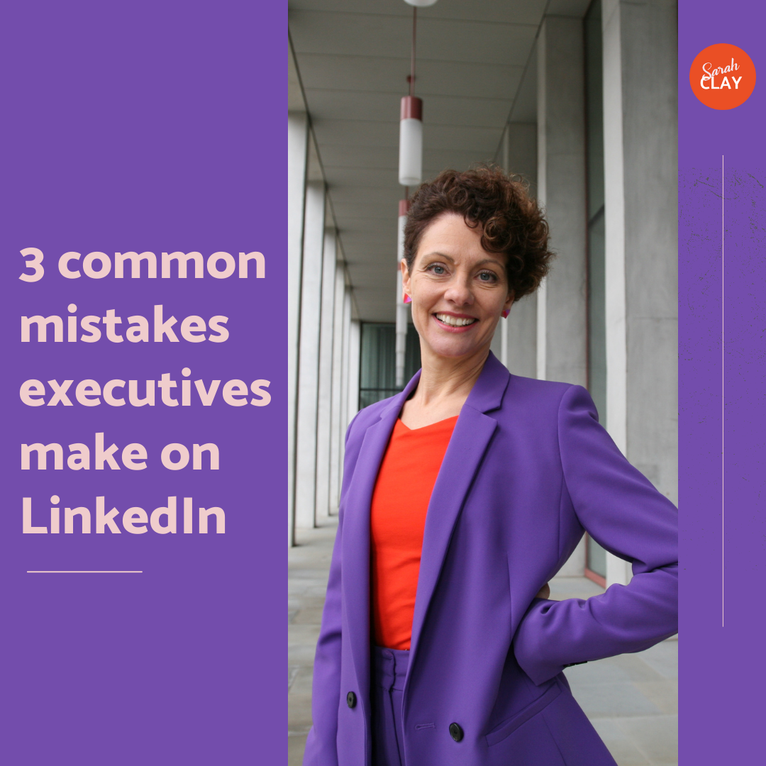 A square image saying '3 common mistakes executives make on LinkedIn'